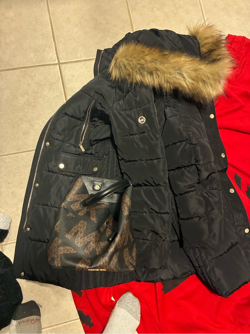 Michael Kors Black Quilted Puffer Jacket with Faux Fur Trim
